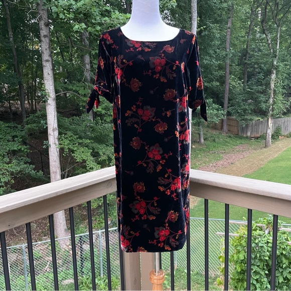 NWT Loft Black Red Floral Cold Shoulders Velvet Shift Dress Size S - Picture 2 of 16